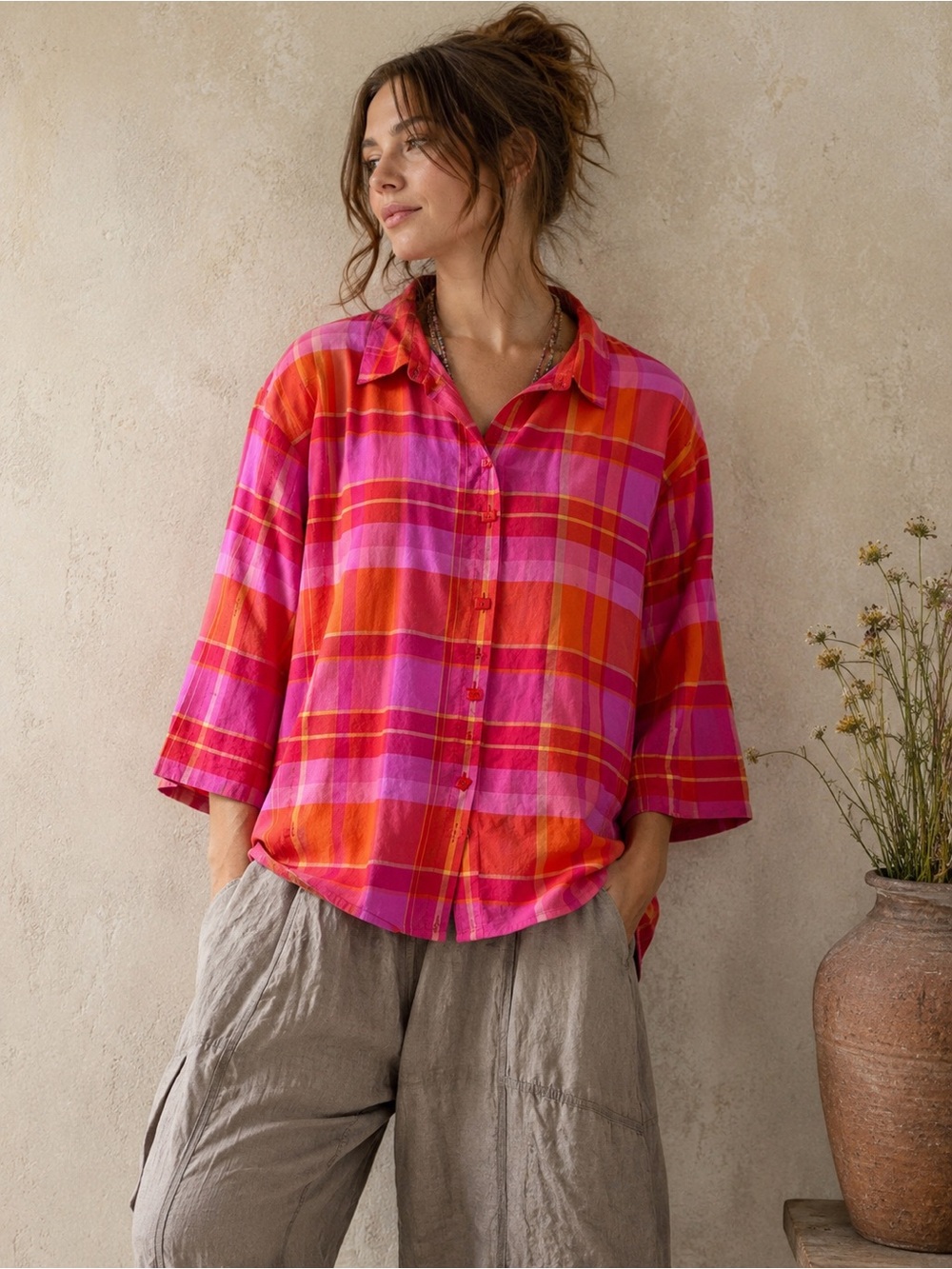 Vintage Josephine Chaus Silk Pink and Orange Plaid Blouse Lagenlook Art to‎ Wear